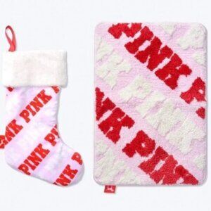 PINK VICTORIA'S SECRET LOGO BATH MAT STOCKING SET HOLIDAY CHRISTMAS